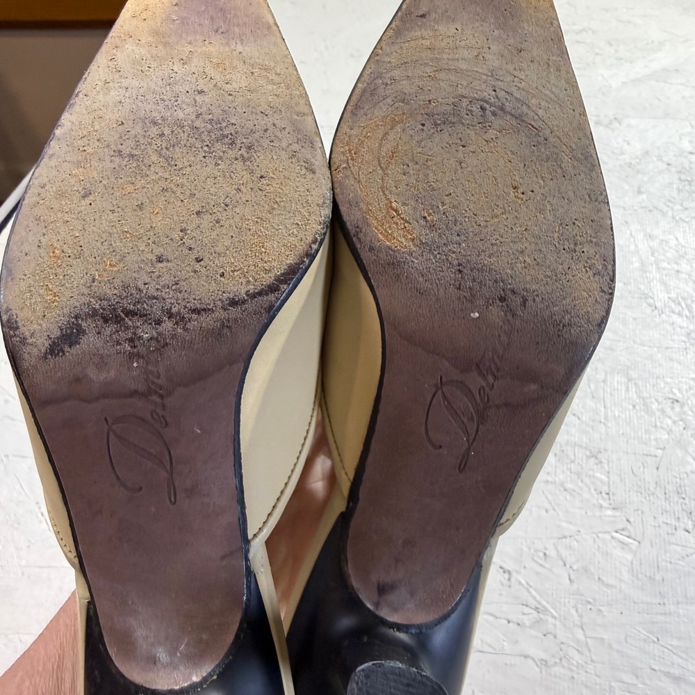Vintage Delman Leather Mule Heels 6.5M Beige Black Square Toe Bow READ - Picture 8 of 10